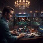 Pemain live game online fokus di meja blackjack dan baccarat, kartu dan tumpukan chip terlihat jelas, strategi HOKIJOSS diterapkan, ekspresi serius dan penuh konsentrasi