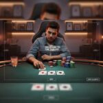 Meja poker online modern dengan kartu dan chip, pemain fokus menggunakan strategi Hokijoss.